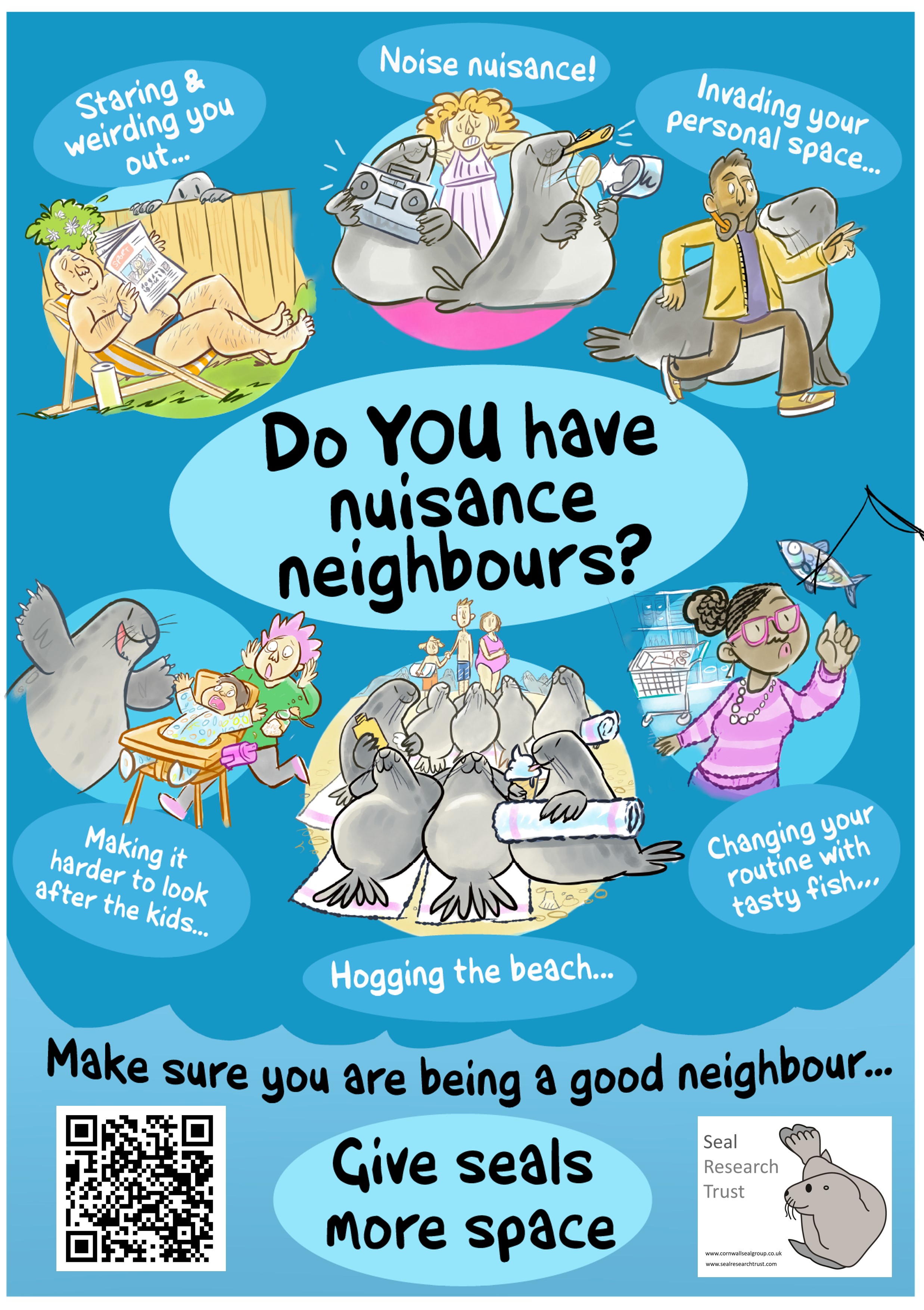 an illustrated poster encouraging people to be better neighbours to seals 
